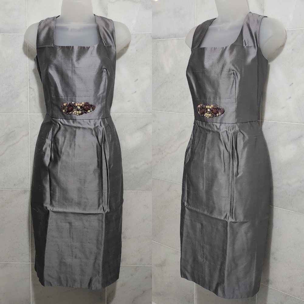 Siri Grey Silk Beaded Formal Cocktail Dress sz 10